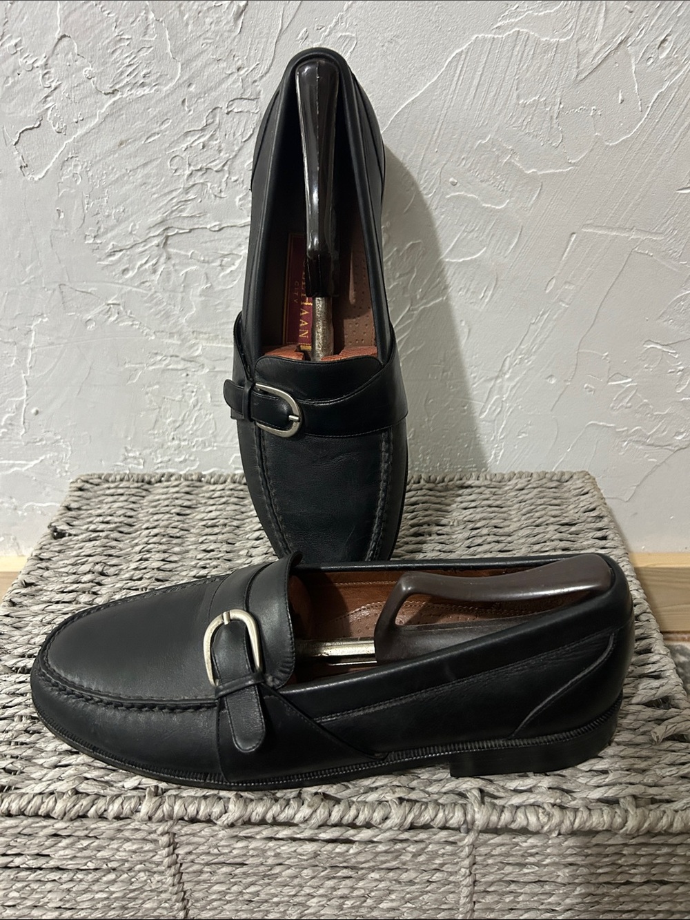 Cole Haan Black Leather Slip-On Loafers with Silver Buckle